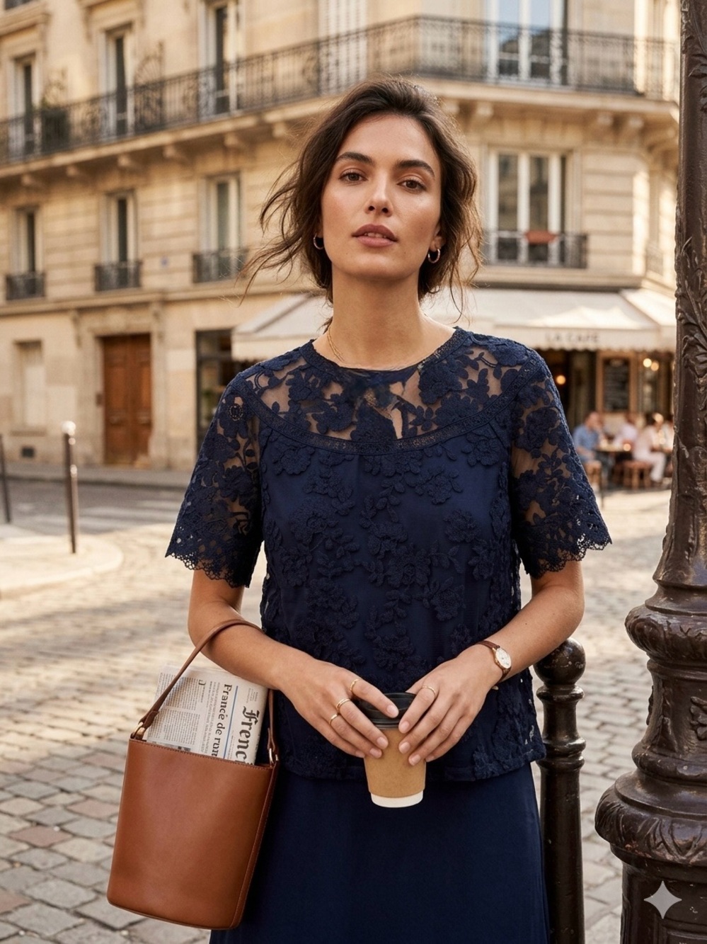Laundry By Shelli Segal Navy Floral Lace Short-Sleeve Top